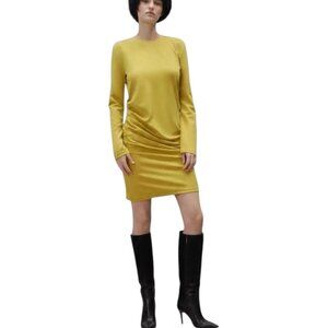 Zara Drape Detail Dress Long Sleeve Mini Yellow-Green Chartreuse Medium
